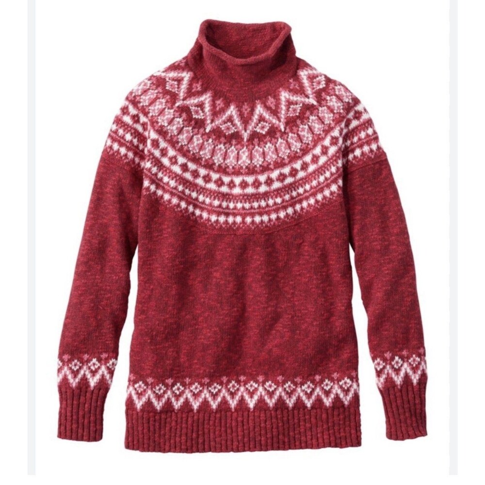 Vintage LL Bean Sweater Womens Large  Red Fair Isle Marius 100 % Cotton  Roll